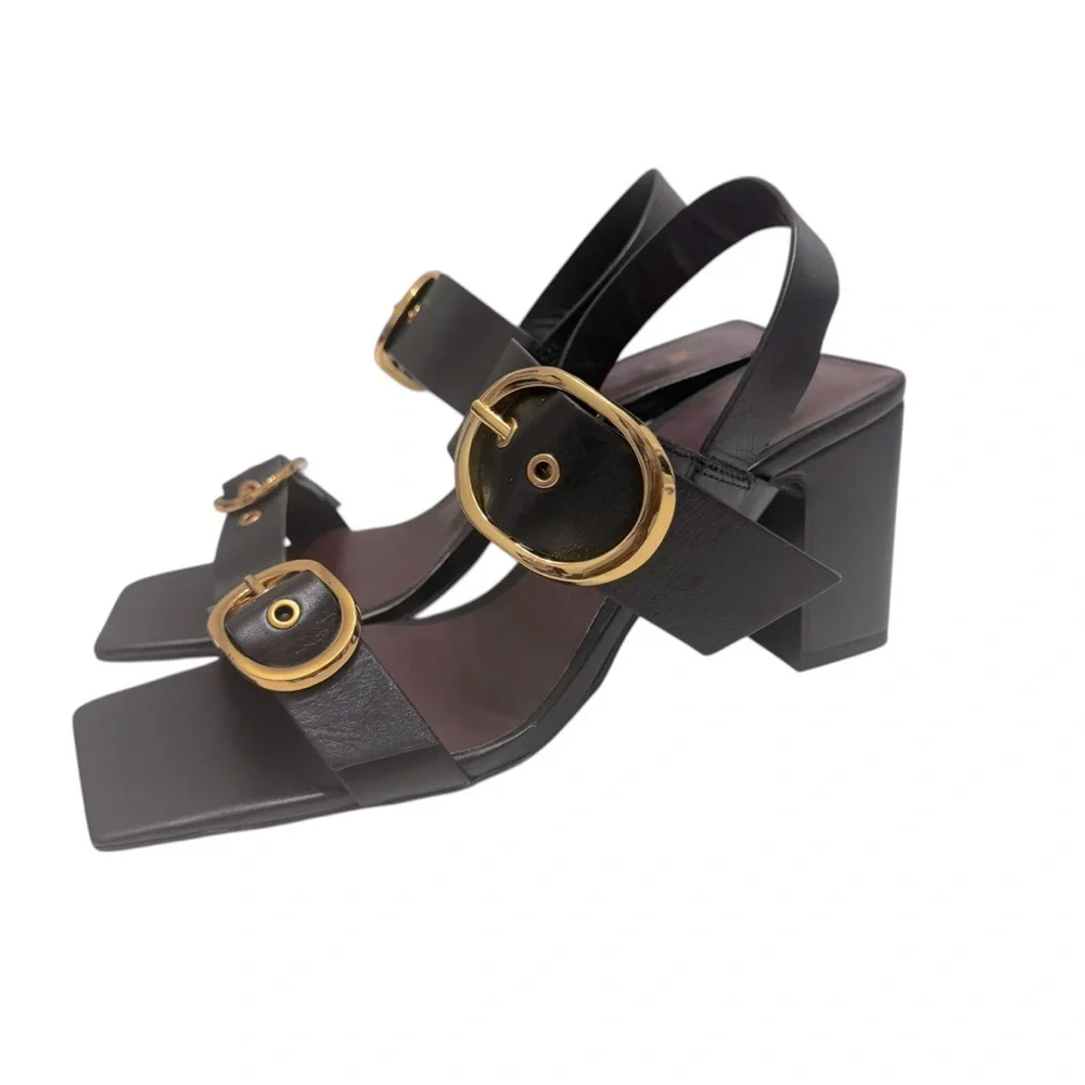 Zara Black Leather Block Heel Buckled Sandals. Size 8 - Picture 5 of 15